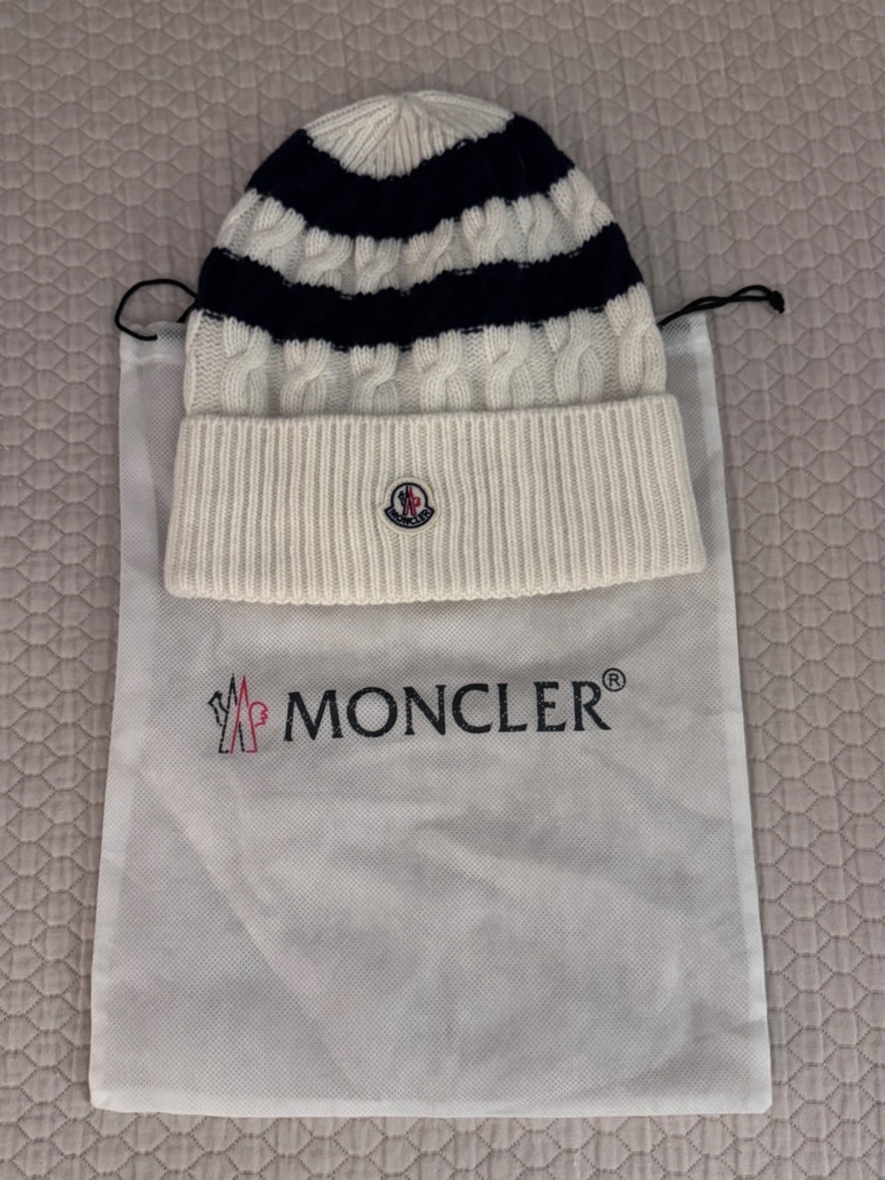 Moncler Logo Hang Tag in White with Navy and Pink Accents